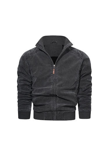 Saf Pamuklu Yıkanmış Vintage Gündelik Bol Erkek Dik Yaka Ceket Siyah