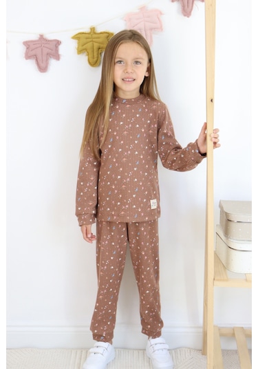 Kız Çocuk Orta Kalınlıkta Baskılı Pijama Takımı Kahverengi