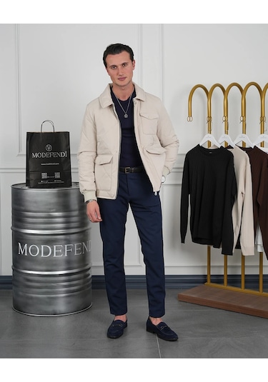 Modefendi Slim Fit Baklava Desen Torba Cep Dolum Elyaf Mont Krem