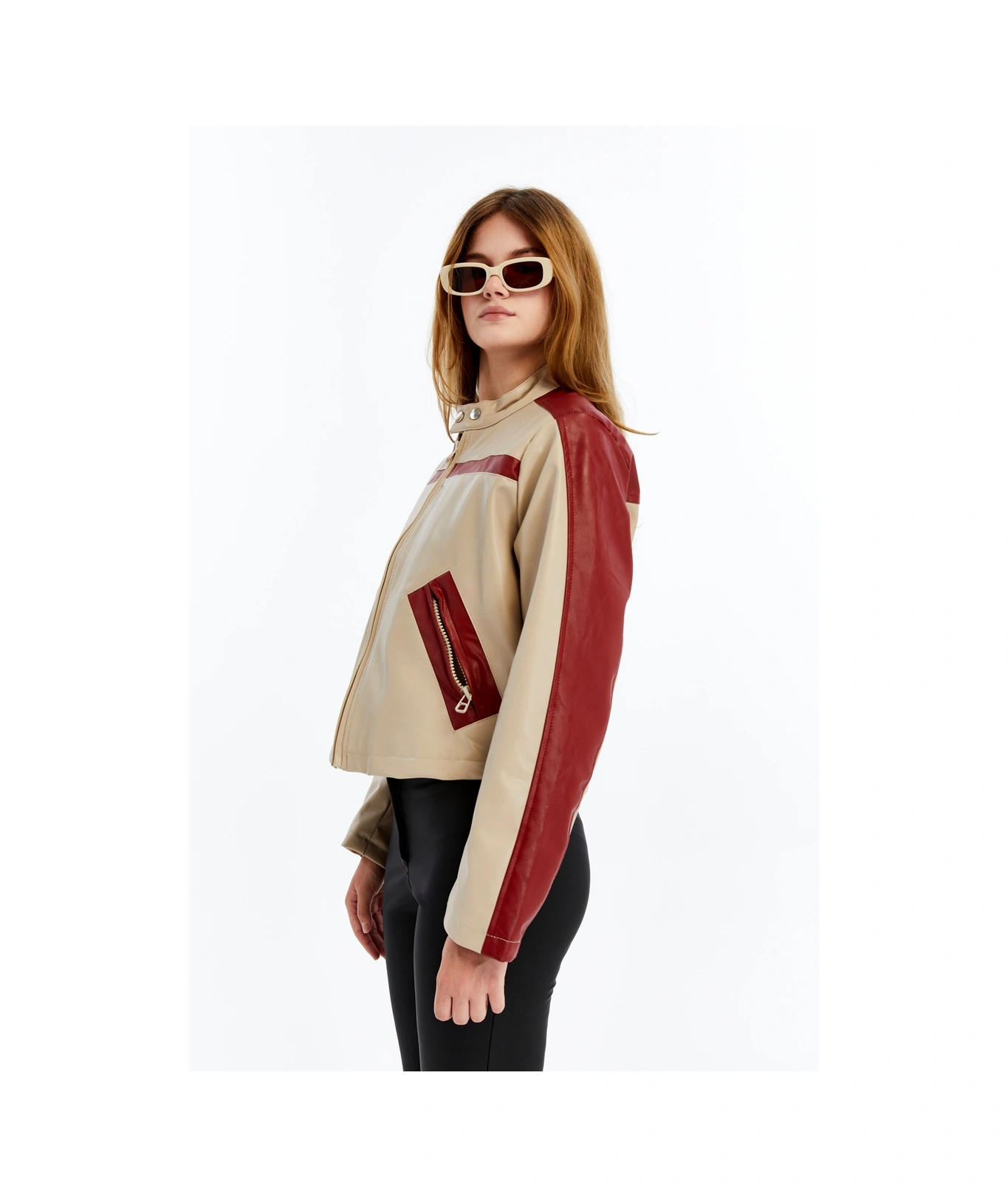 Kadın Şeritli Deri Ceket Günlük Kullanım Niş Özgün Tasarım Mont Fermuarlı Standart Bomber Ceket Bej