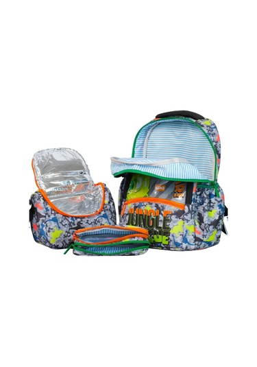 Wia Dinazor Baskılı Erkek Çocuk Üçlü Okul Çanta Seti - Gri-yeşil Çok Renkli