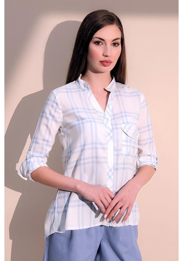 Kadın Mavi Uzun Kol Yeni Moda Ekose Desenli Tek Cep Hakim Yaka Gömlek Mavi