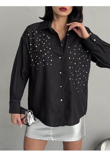 Kadın Taşlı Premium Kalite Uzun Kollu Oversize Gömlek Siyah