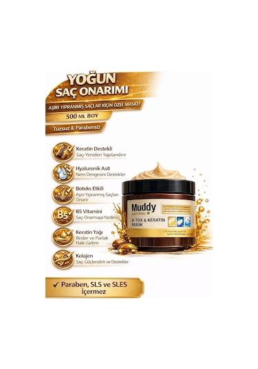 Muddy B-Tox & Keratin Onarıcı Saç Bakım Maskesi 500 ML