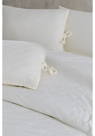 Dante Nakışlı %100 Pamuk Natürel Çift Kişilik Nevresim Takımı Beyaz Pudra