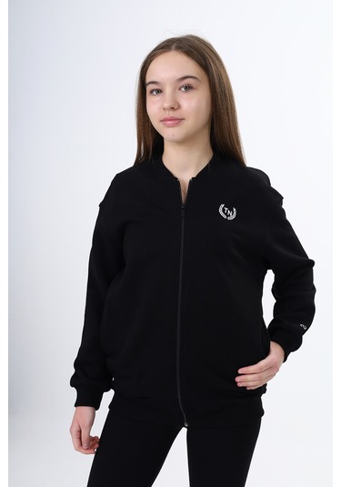 Toontoy Kız Çocuk Kolej Yaka Fermuarlı Cepli Düşük Omuz Baskılı Örme Hırka - 2 İplik Şardonlu Siyah