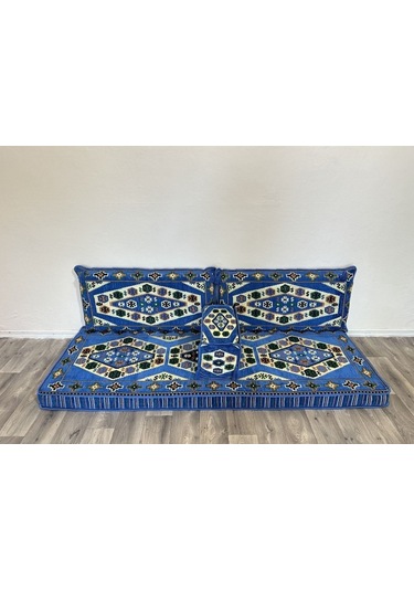 Coton Şark Köşesi Otantik Yörük Desenli Minder Takımı Konsept Mavi Mavi