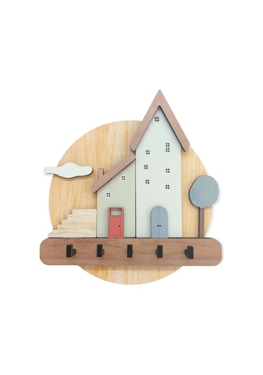 CajuArt Pastel Renkli Evler Ahşap Anahtarlık Hol Antre Askılık Duvar Dekor Kahverengi