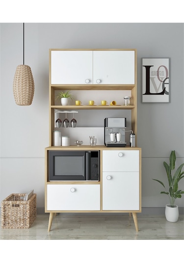 Floradesign Latte Kahve Köşesi / Çok Amaçlı Dolap / Airfryer Dolabı / Mutfak Organizeri Meşe