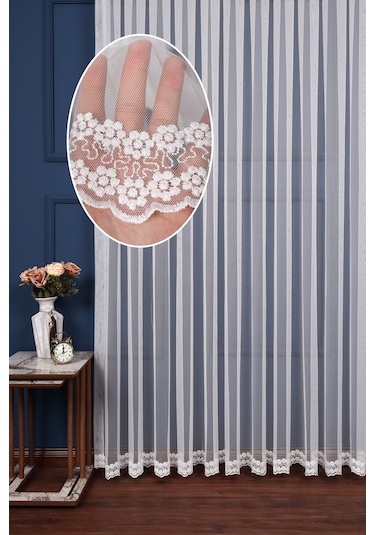 Grek Etek Nakış İşlemeli Papatya Desen Tül Perde