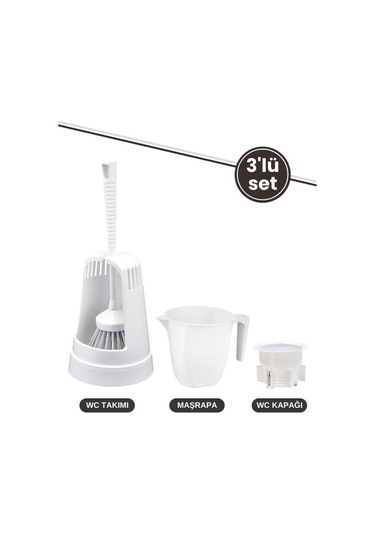 3 Lü Wc Tuvalet Temzilk Seti, Klasik Wc Fırça Takımı + Maşrapa 1,5 Lt + Sessiz Wc Kapağı Seti Beyaz Beyaz