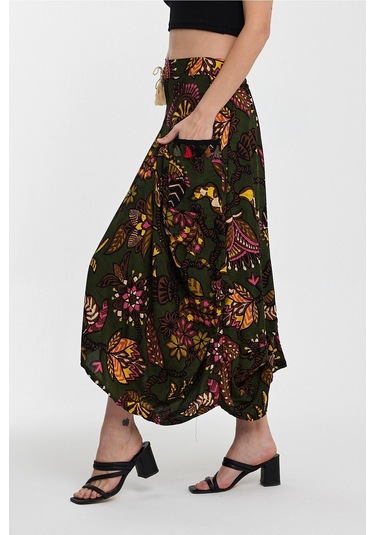 Schık Kadın Viskon Empirme Çiçek Baskı Bohem Stil Cepli Bel Lastikli Etek Haki