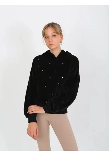 Kız Çocuk Taşlı Peluş Kapüşonlu Sweatshirt-14827 Siyah