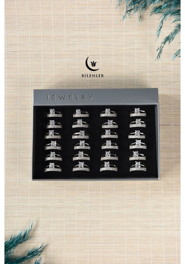 Kadın Taşlı Çift Yüzük Görünümlü Metal Yüzük Uzun Ömürlü,şık Tasarım 24 Lü Kutu Çok Renkli