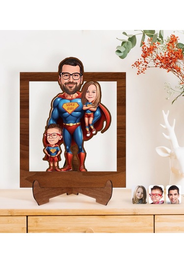 Bk Gift Kişiye Özel Süper Baba-oğul Karikatürlü Ahşap 3d Standlı Biblo-2, Babalar Günü Hediyesi, Babaya Hediye Kobitmeyencom31610 Bk Gift