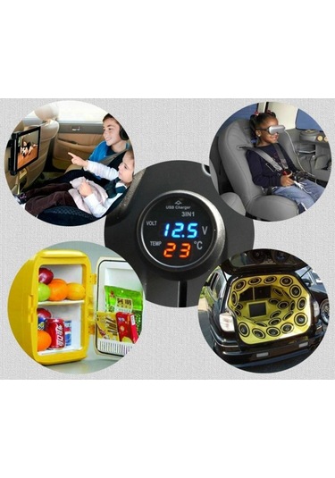 Sones 3'ü 1 Arada Universal Araç Dijital Gerilim Ölçer Sıcaklık Ölçer Usb Şarj Cihazı, Dc12-24v