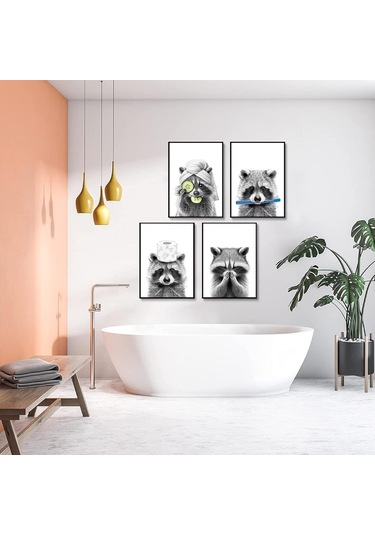 Fosenze Ev Dekorasyonu Duvar Sanatı - 4 Adet Komik Hayvanlar Zürafa, Köpek, Fil Banyo Posterleri - 25x20 Cm Tuval Tablo Siyah