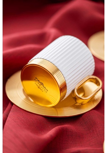 Acar Aurora Beyaz 6 Kişilik Kahve Fincanı Takımı - 90 Ml. Altın - Beyaz