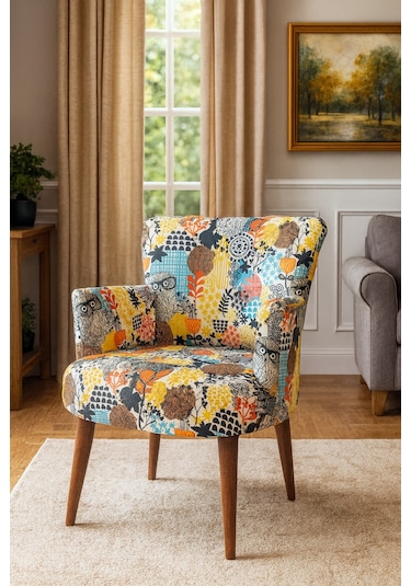 Roma Modern Tekli Koltuk Berjer - Dijital Baskılı Kumaş - Ahşap Ayak - Baykuş Desen Baykuş