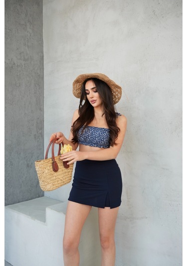 Kadın Yandan Yırtmaçlı Mini Şort Etek Lacivert