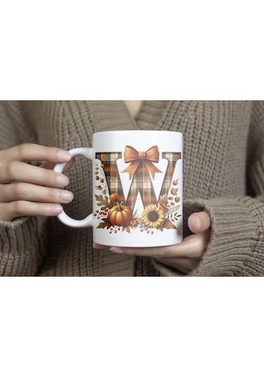W Harfi Ekose Ve Sonbahar Temalı Kupa Bardak - Kişiye Özel Sıcak Tonlar Alfabe Kupa - Hediye Beyaz