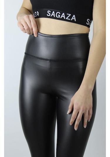 Deri Görünümlü Siyah Tayt Siyah