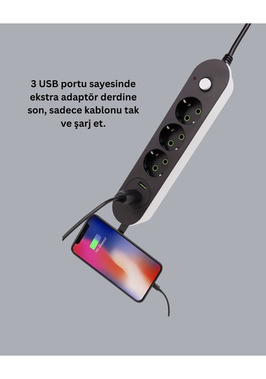 Akım Korumalı Anahtarlı Usb Girişli Üçlü Priz
