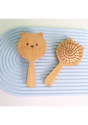 Gateesat Ahşap Renk Yumuşak Bambu Kıllı Sevimli Kedi Temalı Oval Saç Masaj Fırçası