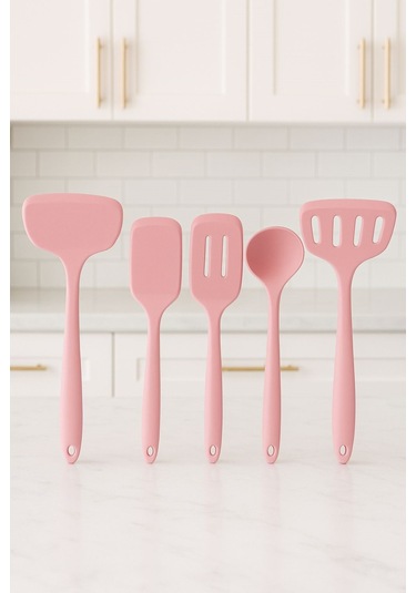 5 Parça Silikon Isıya Dayanıklı Pişirme Seti Bambu Saplı Çeyiz Mutfak Seti Pembe