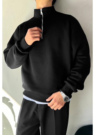 Flaw Half Zip Oversize Polo Yaka Sweatshirt Siyah Sİyah