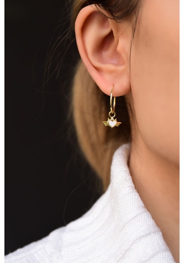 925 Ayar Gümüş Gold Kaplama Mineli Kalpli Kanat Halka Küpe