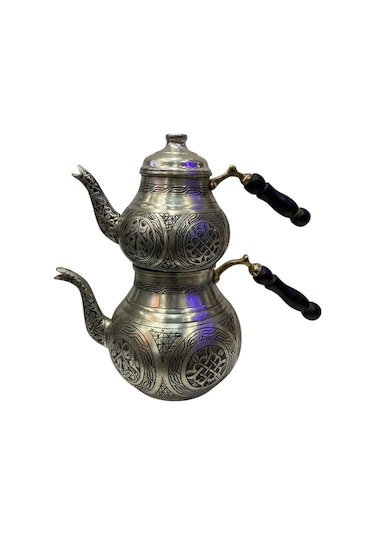 Gümüş Renkli Bakır İşlemeli Çaydanlık Gümüş