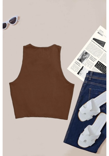 Merry See Tek Renk 1 Adet Kadın Kolsuz Örme Kumaş Bluz Crop Kahverengi