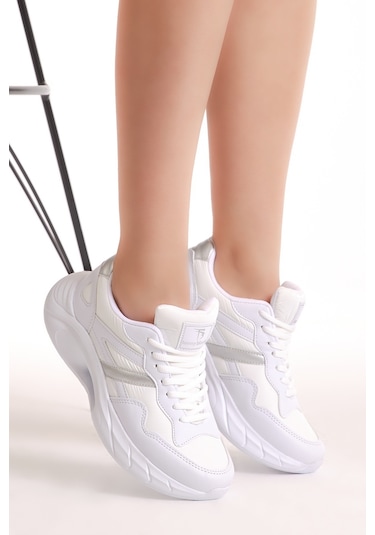 Tonny Black Kadın Beyaz Faylon Taban Şeritli Bağcıklı Spor Ayakkabı Beyaz