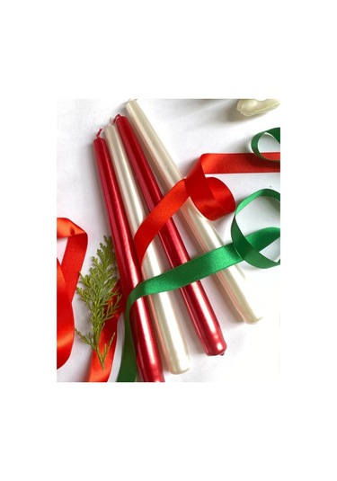 Denic 2 li Metalik Kırmızı ve İnci Beyaz  Şamdan Mum  Konik Mum