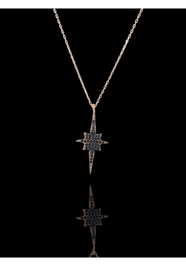 Siyah Taşlı Rose Gold Kaplama 925 Ayar Gümüş Kuzey Yıldızı Kolye Anlamlı Ve Şık Tasarım Gümüş