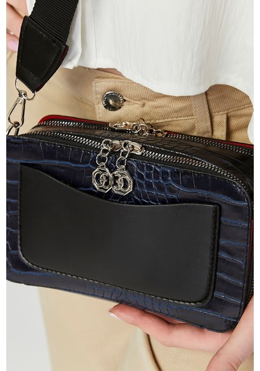 Morpelikan Mavi Kroko İki Bölmeli Kadın Omuz Çantası Mavi