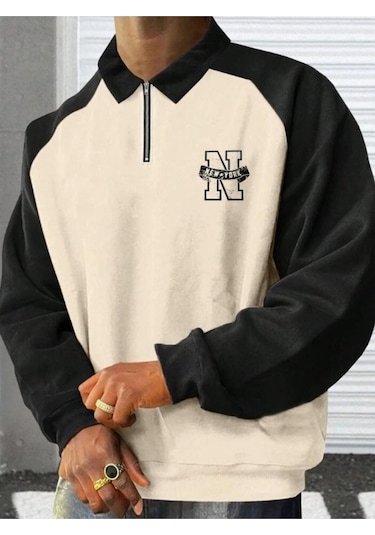 Unisex Ny Baskılı Oversize Polo Yaka Fermuarlı Sweatshirt 001