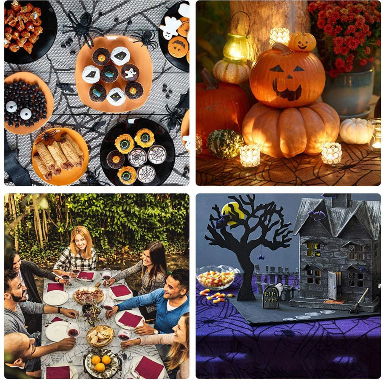 Hombey Halloween Ev Dekorasyon Seti: Örümcek Ağı Masa Örtüsü, Masa Runner, Fenerlik, Kamin Örtüsü Ve 36 Adet Yarasa Duvar Sticker'ı - Korkunç Parti Atmosferi İçin 5 Parça Tam Set Siyah