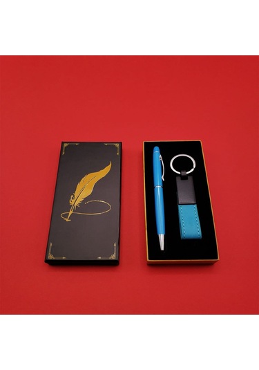 Mavi Metal Deri Anahtarlık Ve Kalem Seti