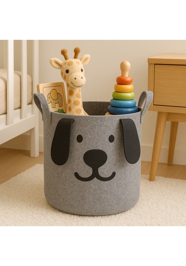 Figürlü Keçe Oyuncak Ve Çamaşır Sepeti Gri