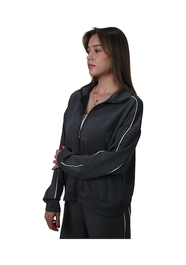 Kadın Modal Kumaş Kontrast Detaylı Rahat Kalıp Antrasit Ceket Hırka Antrasit