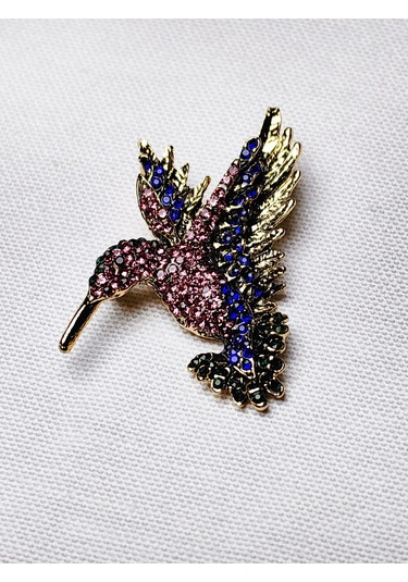 Renkli Taşlı Kuş Figürlü Broş Zarif Aksesuar Gold