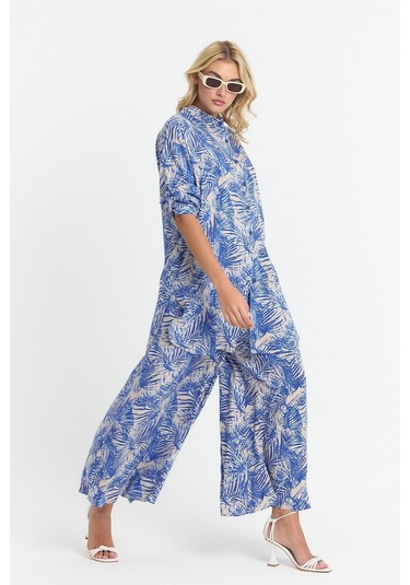 Schık Kadın Viskon Rahat Bol Paça Truvakar Kol Önü Düğme Baskılı Takım Saks