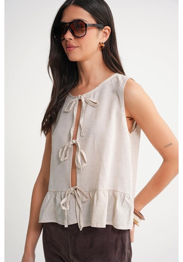 4717 Kadın Önü Bağcıklı Fırfırlı Kolsuz Keten Bluz Naturel Naturel