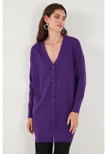 Lela V Yaka Düğmeli Uzun Triko Bayan Hırka 4616040Y Mor
