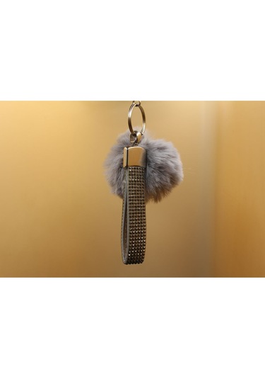 Füme Taşlı Minik Ponpon Seçenekli Anahtarlık