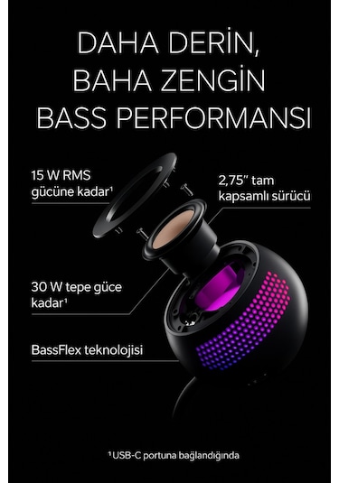 Creative Pebble X Plus Siyah 2.1 15W USB-C Bluetooth 5.3 RGB Aydınlatmalı Masaüstü Multimedya Hoparlör Seti