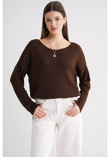 6933 Kadın Kayık Yaka İnce Mevsimlik Triko Kazak Kahve Kahve
