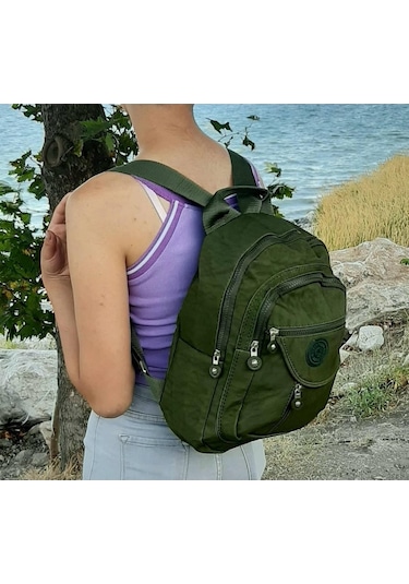 Fiyra S1 Haki Renk Krinkıl Kumaş Dört Bölmeli Bayan Sırt Çantası-Haki-Std